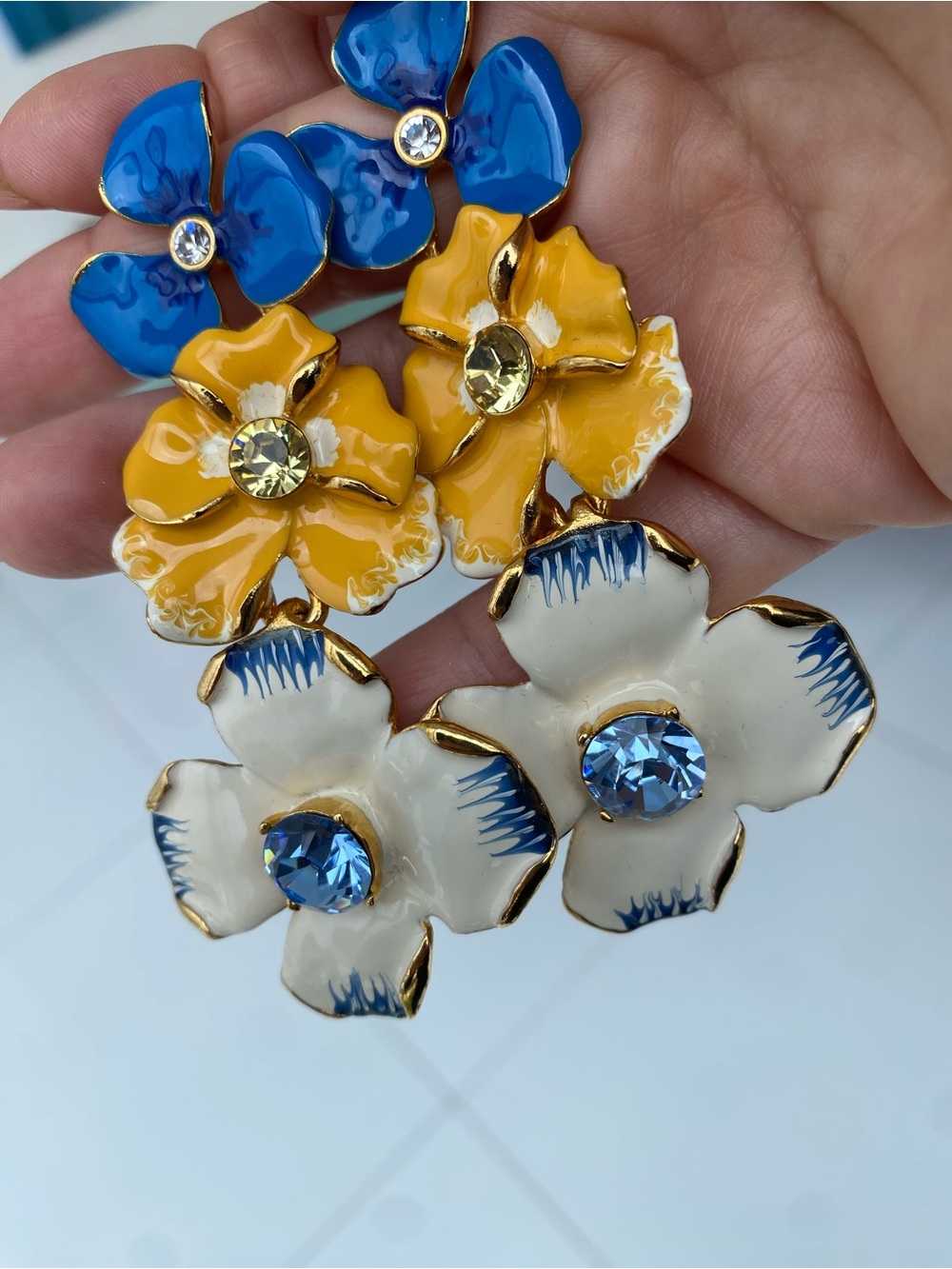 Kenneth Jay Lane Blue, Yellow & White Triple-Flower Drop Earrings - Picture 4 of 9
